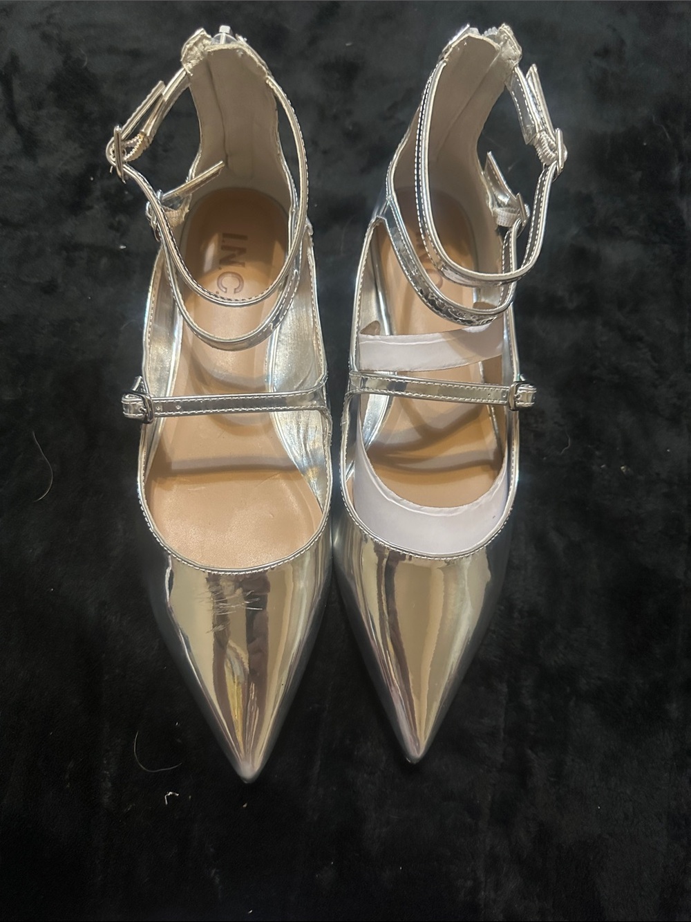Metallic Silver Pointed Mary Jane Ankle Strap FLATS